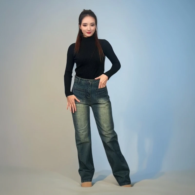 6666冬季高腰阔腿裤秋冬微弹女牛仔裤复古修身休闲显瘦