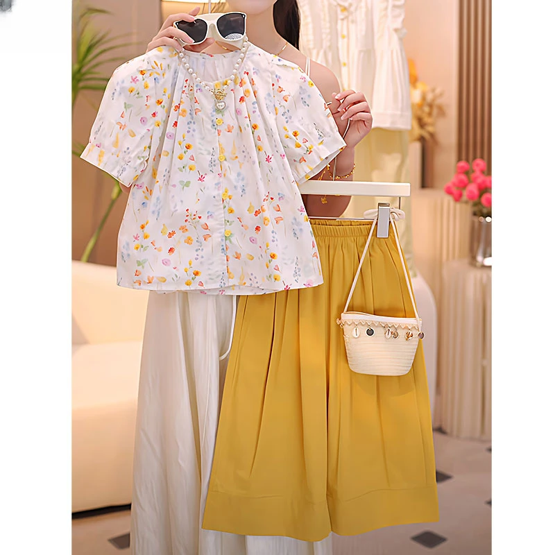 女童碎花短袖七分裤套装2025夏款甜美娃娃衫T恤半袖阔腿防蚊裤潮9