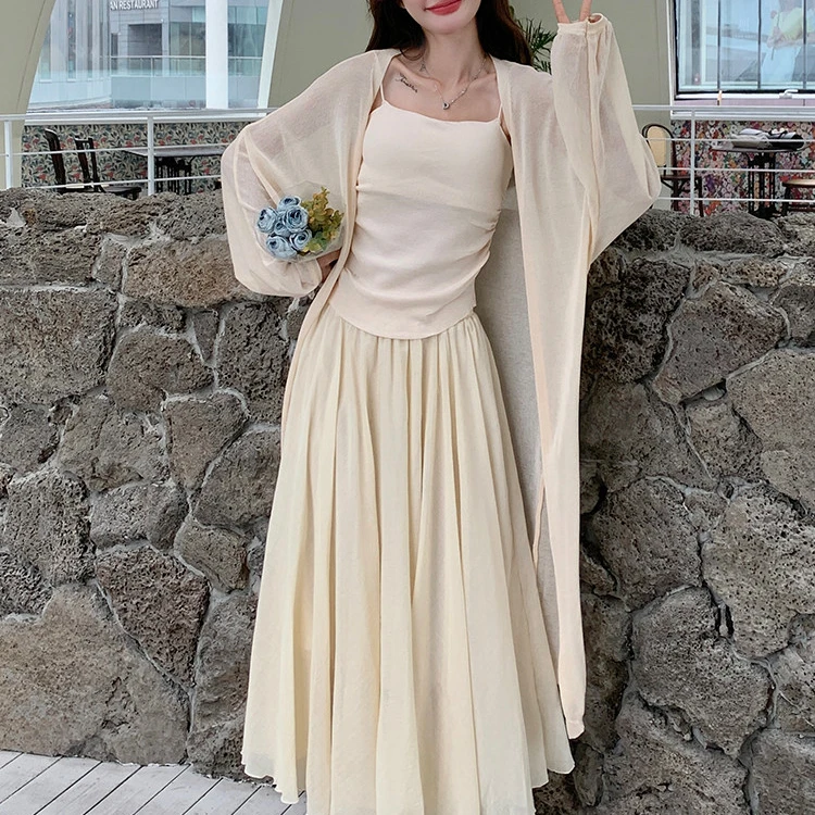 休闲风百褶裙子中长款春夏仙气连衣裙百搭时尚套装气质薄款