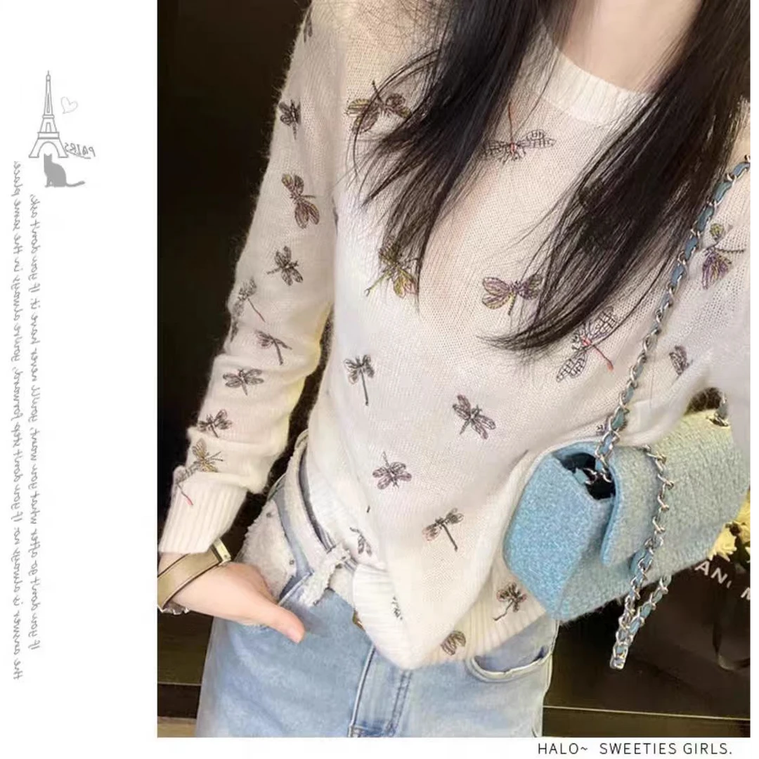 莱赛尔长袖针织衫薄款套头毛衣女宽松显瘦刺绣蜻蜓天丝内搭上衣