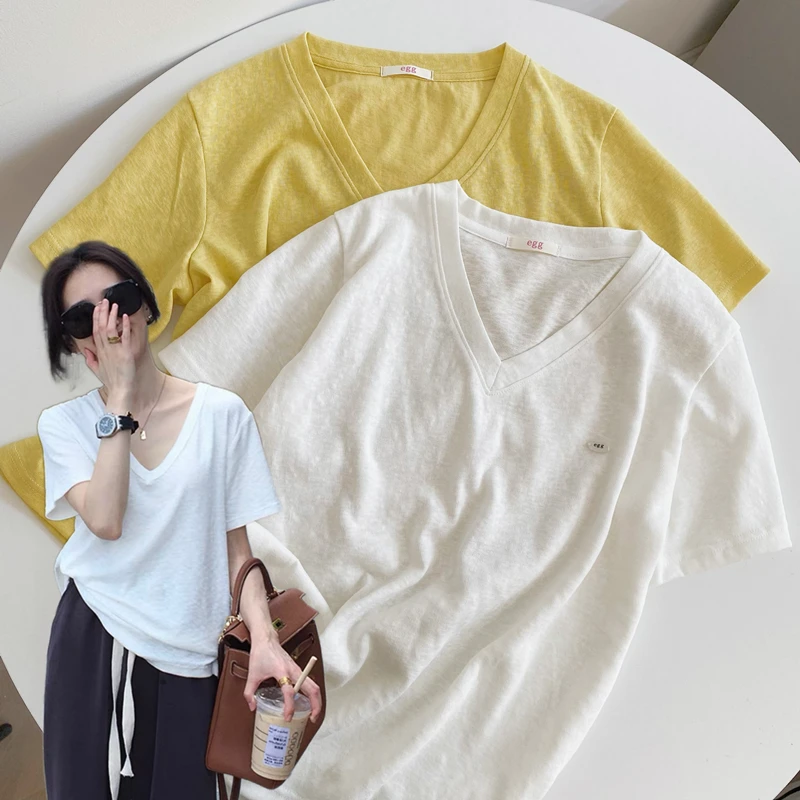 【egg韩国单】v领短袖女T恤东大门明星同款夏季薄款透气麻棉冰凉感