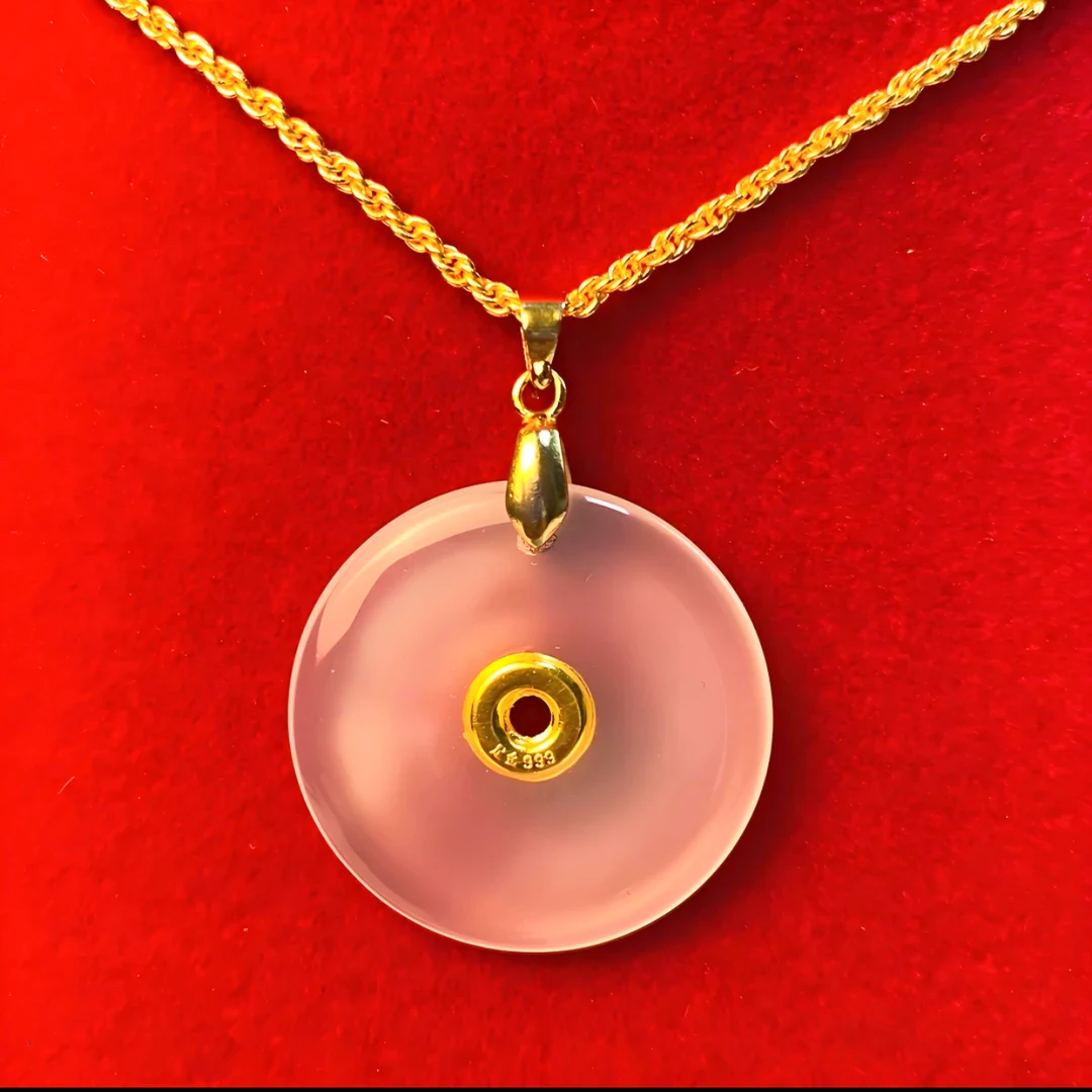 黄金真金镶嵌高冰玉石平安扣男女同款赠礼佩戴礼盒证书平安扣白