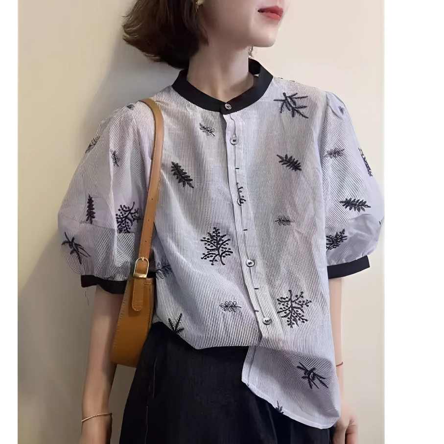 高级感重工刺绣撞色条纹圆领短袖衬衫女夏季薄气质小衫泡泡袖上衣
