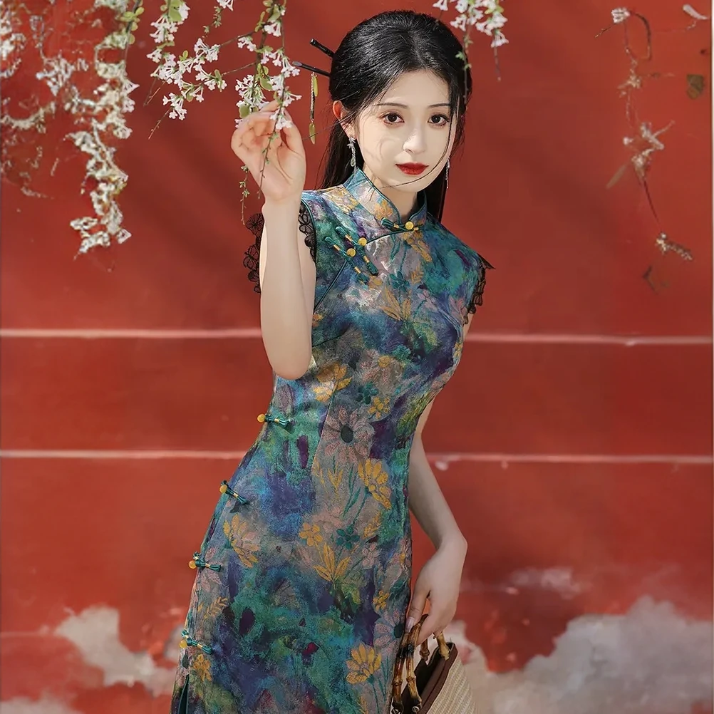 [雀蓝]新中式夏季少女气质优雅旗袍小清新日常可穿长款复古网红