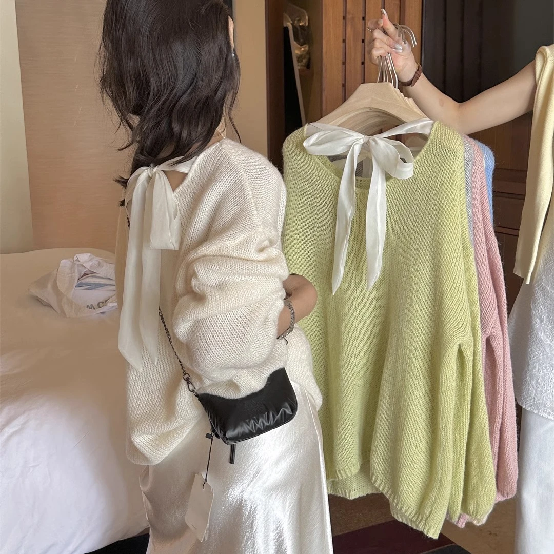 设计感后背绑带镂空针织衫女2025春季慵懒风宽松百搭洋气罩衫上衣
