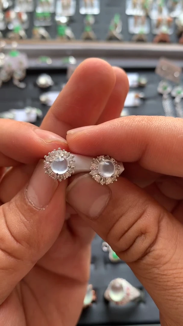 翡翠银S925镶嵌耳饰高冰