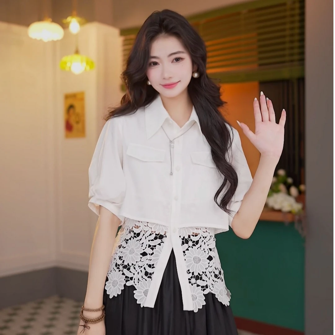 丁佳欣【白璃】夏季拼接短袖衬衫女宽松休闲上衣DL3903338