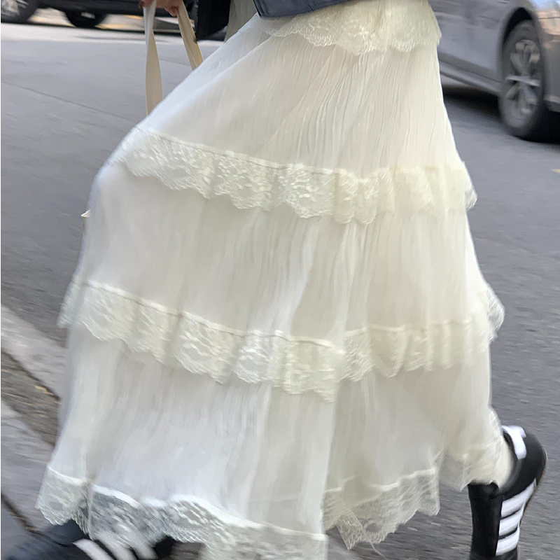 拼接蕾丝网纱温柔半身裙女甜美2025法式新款高腰设计显瘦蛋糕长裙