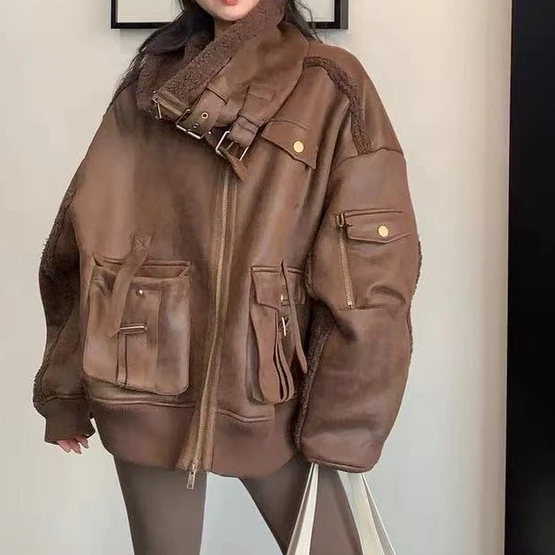 美式复古加绒PU外套