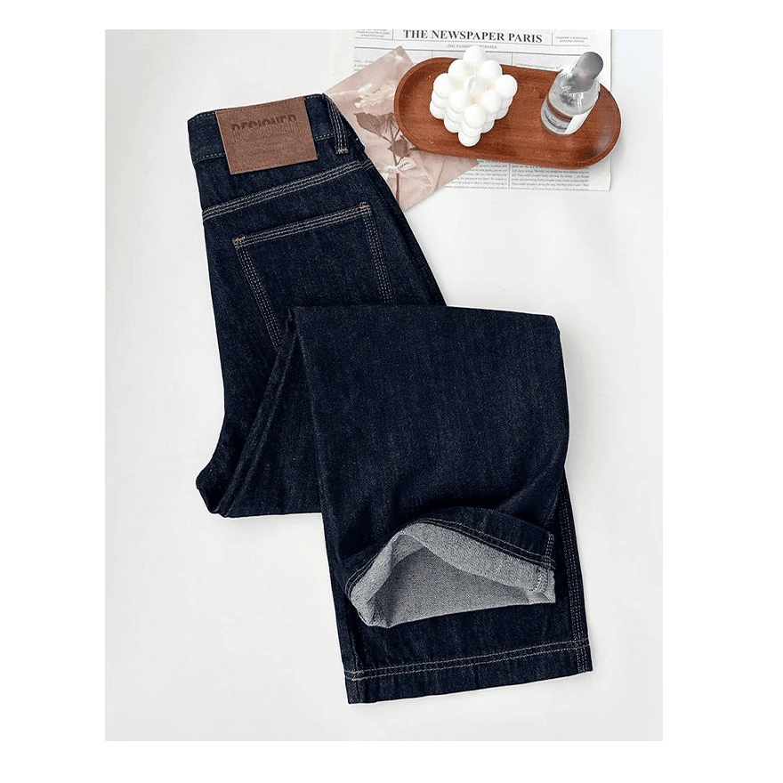 丹宁蓝三本针阔腿牛仔裤女士2025新款显瘦高腰休闲裤窄版直筒裤