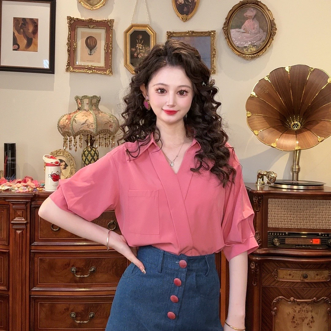 清【一生罗曼】通勤温柔设计感V领衬衫Y3443