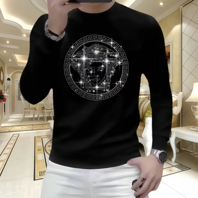 男士时尚潮流修身秋冬季休闲圆领套头卫衣烫钻长袖百搭打底衫外套