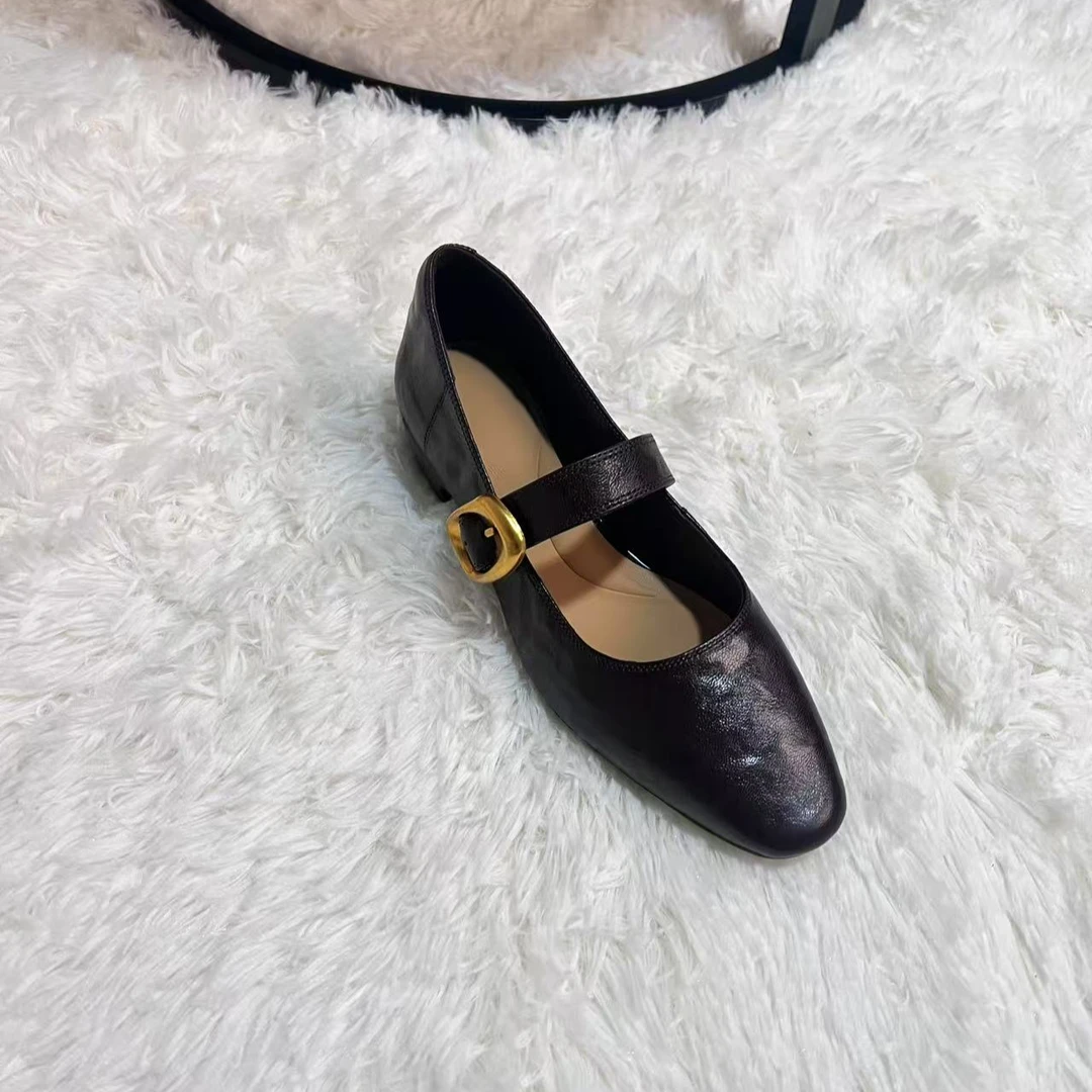 【跟高3cm】2025经典新中式百搭舒适真皮一字扣带尖方头低跟单鞋