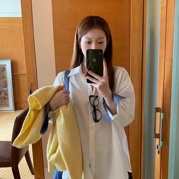 【张丹丹】袖口拼接格子长袖衬衫女2025新款慵懒风外穿百搭衬衣