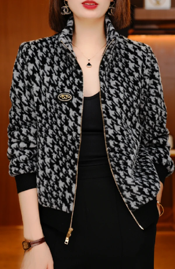 千鸟格-新款加绒加厚印花气质上衣外套百搭显瘦时尚舒适显气质