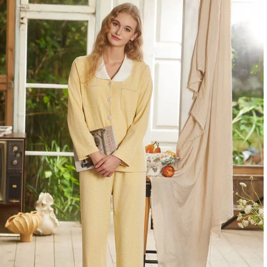 名媛风翻领珍珠装饰长袖家居服复古舒适时尚睡衣女款爆款2025新款