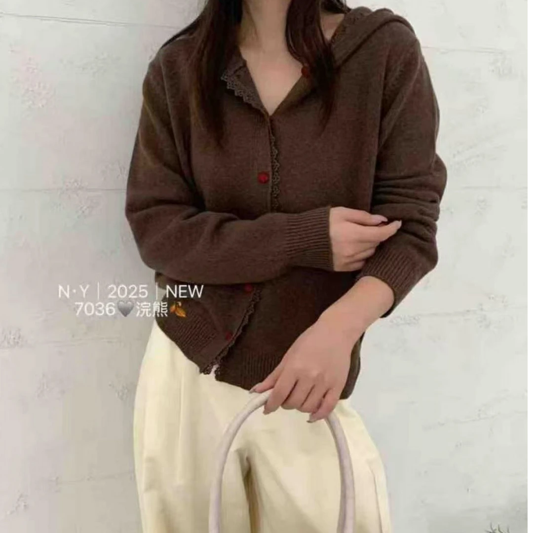 【7036】羽#蕾丝边百搭连帽开衫上衣