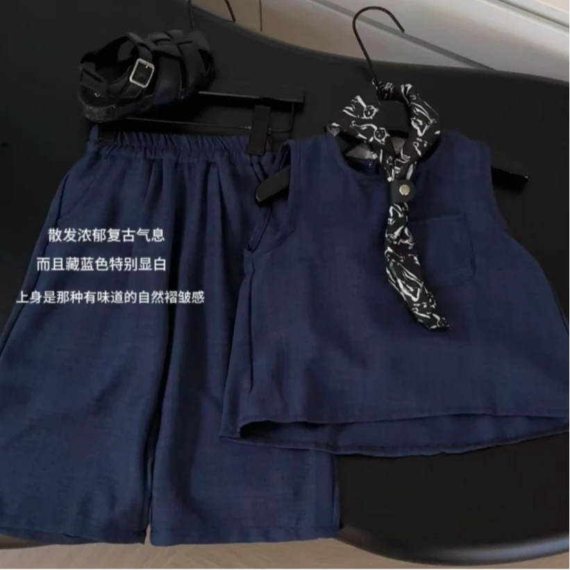送丝巾!韩版儿童夏季套装漫不心松弛感极简藏蓝色棉麻套装