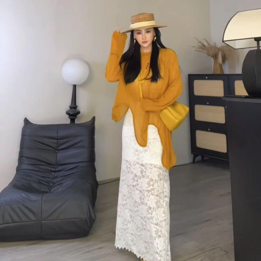 【宝儿姐优选】欧洲站新款时尚下摆不规则设计感长袖网纱防晒T恤衫