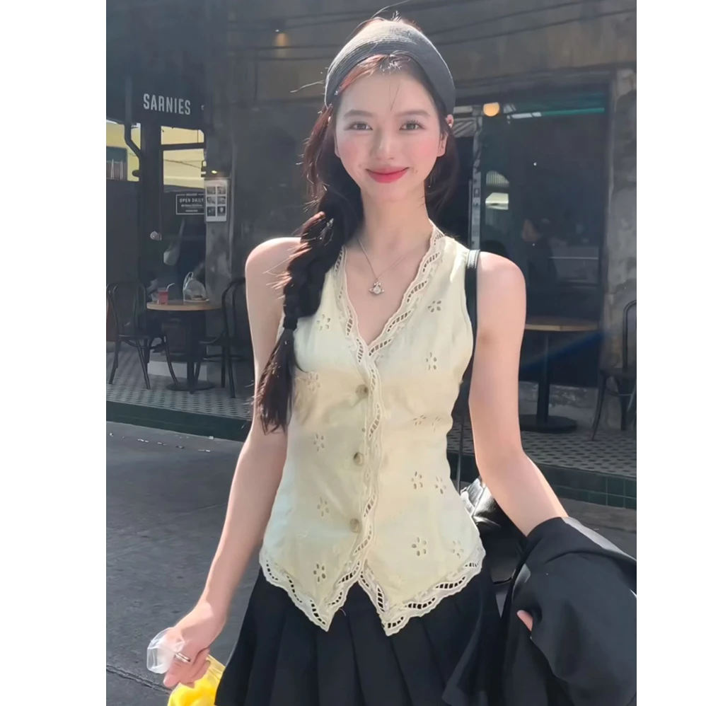 Notdefined杏色吊带背心女春夏季辣妹镂空显瘦短款打底衫上衣