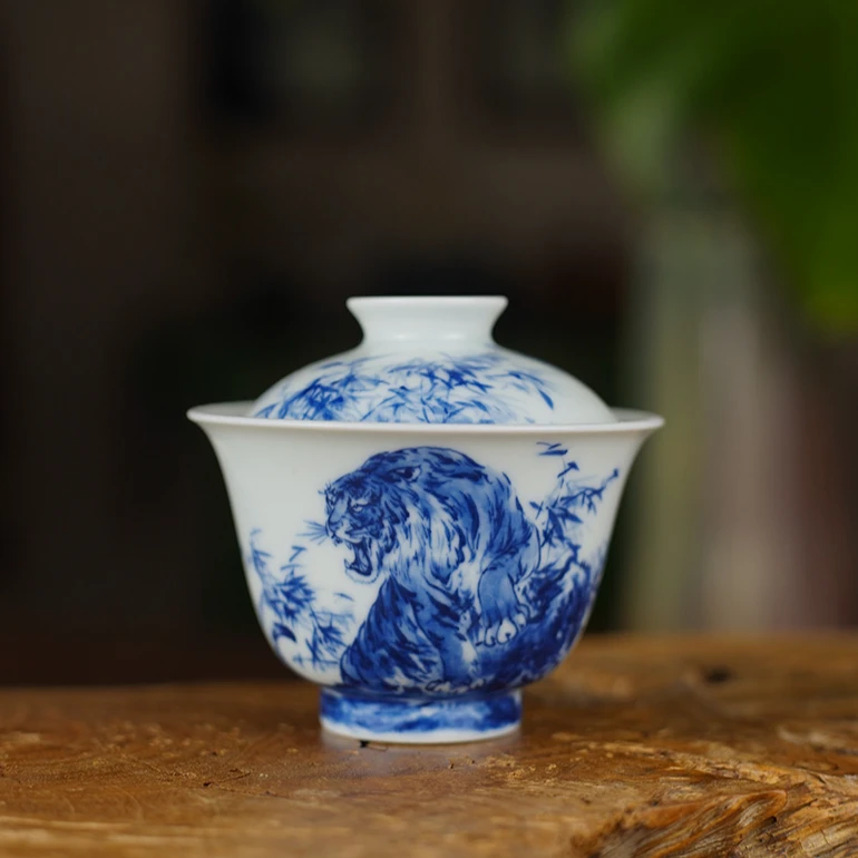 宁一尘景德镇茶具釉下彩生肖虎全手工纯手绘茶空间仿古泥泡茶碗