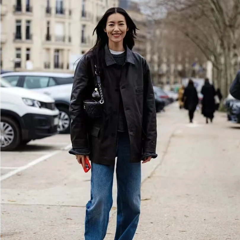 LEMAIRE同款 进口植鞣绵羊皮真皮微阔肩宽松老钱风西装皮衣外套女