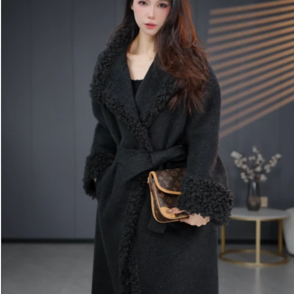 主播Umy拼接保暖加山羊绒加厚款羊绒外套时尚设计师流苏宽松25150