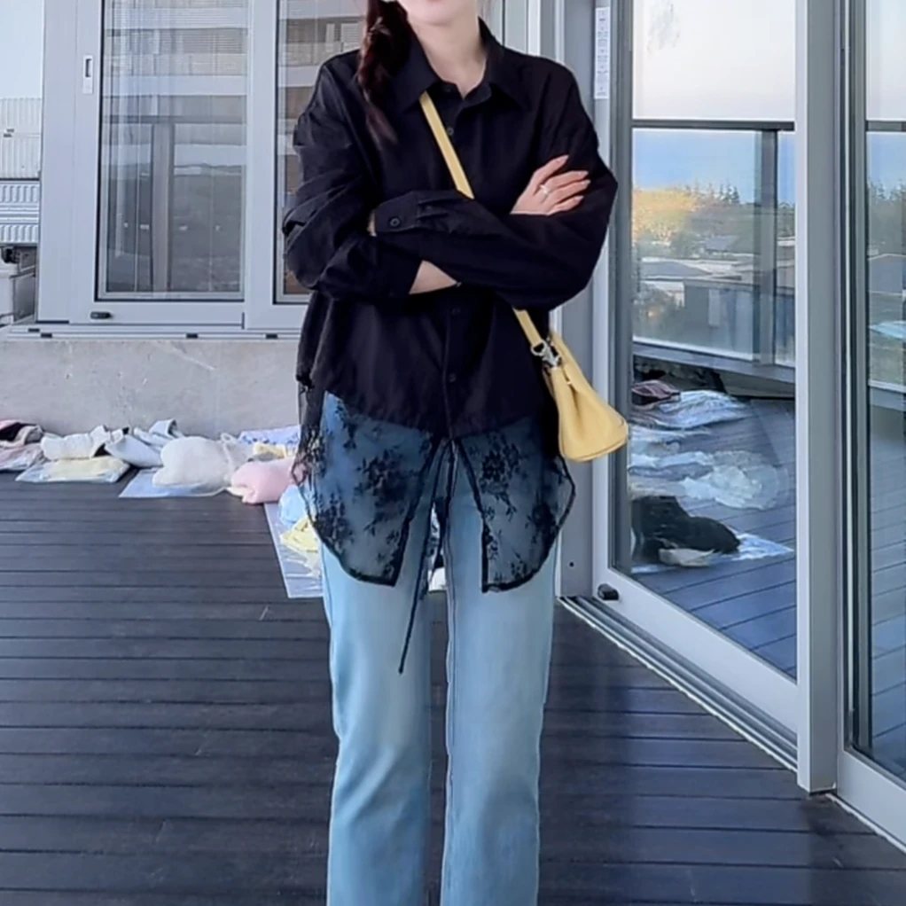 韩系温柔风设计感蕾丝拼接下摆衬衫女2025春款休闲黑色长袖衬衣