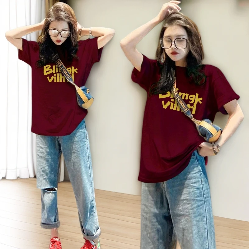 夏季新款纯棉时尚显瘦大码宽松潮流印花洋气百搭圆领休闲T恤女ins