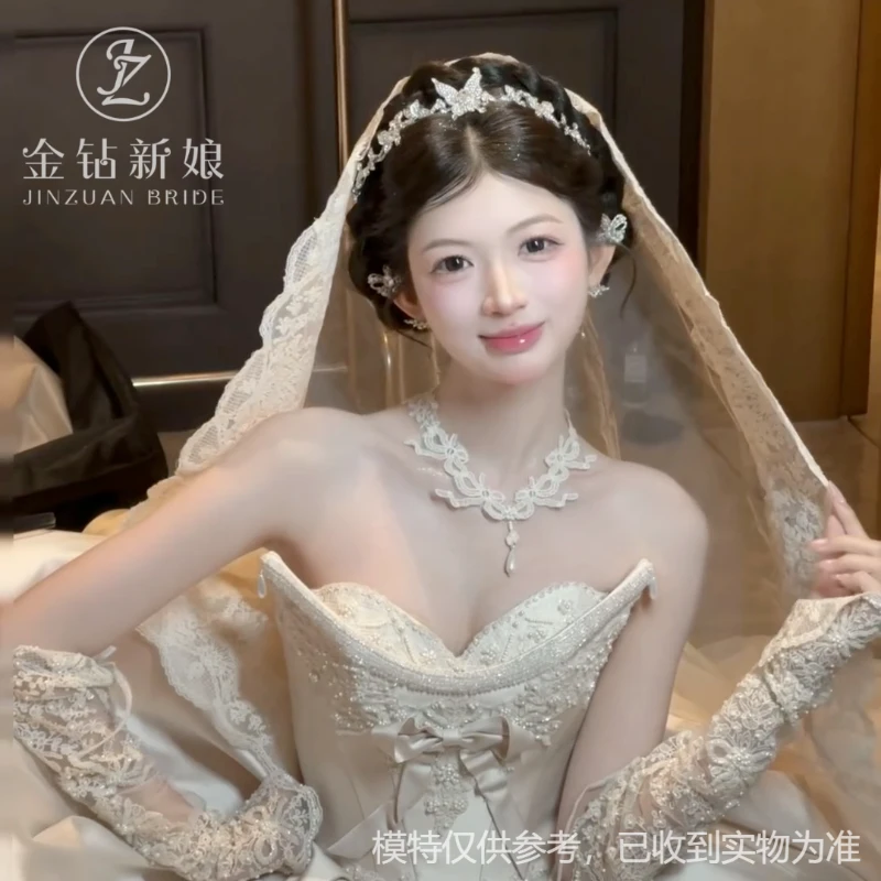 新娘头饰新娘性感气质网红婚礼镂空奢华皇冠韩式流苏法式拖尾