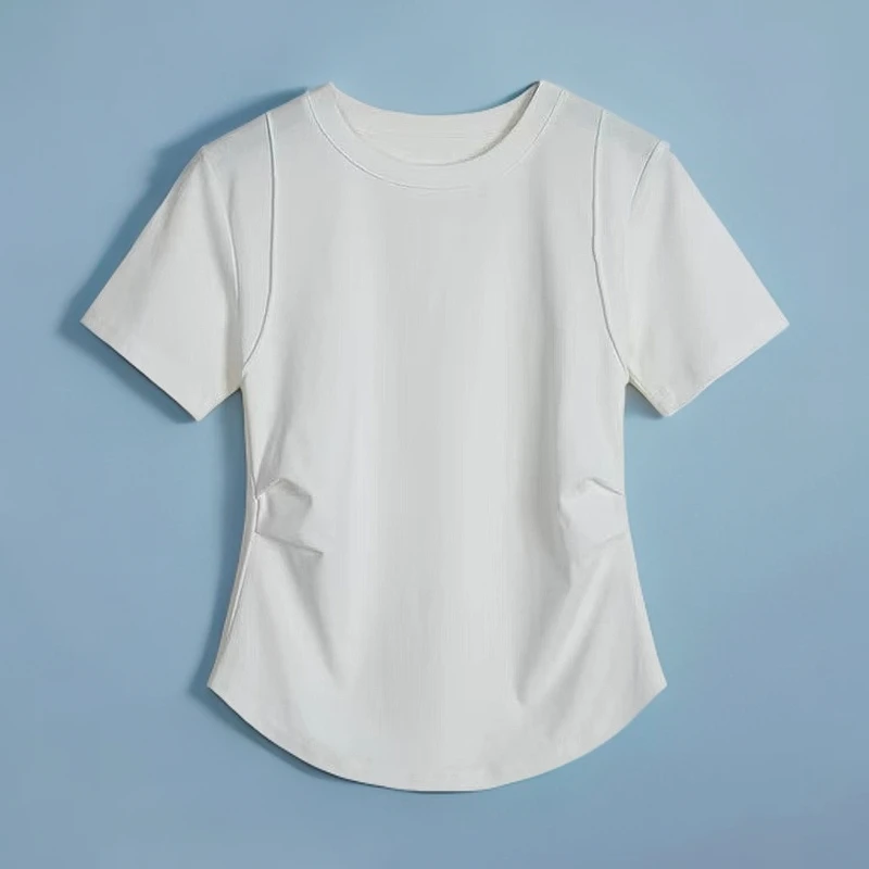 【小蛮腰】褶皱圆领短袖拼接T恤纯色时尚女士春夏白色女装休闲