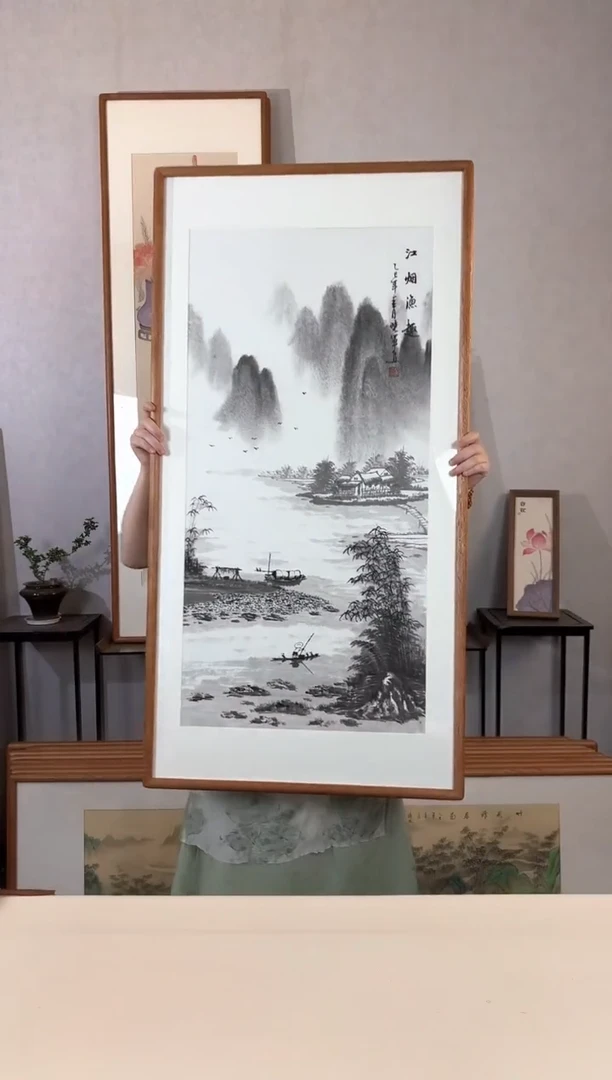 国画手绘*江烟渔趣*62*122cm带框发货