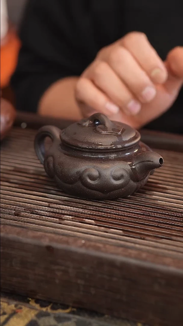 茶壶紫砂如意仿古 黑金沙 半手工 180cc
