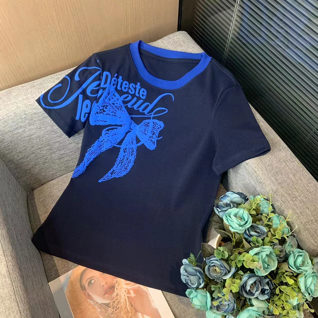 新款百搭轻奢印花短袖上衣女X7045