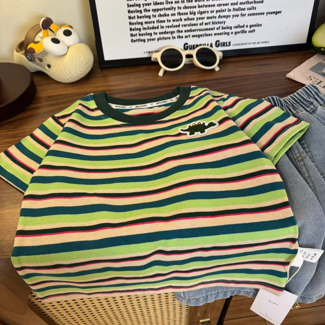 YM断码处理【JMJQ 25259】夏季中小童韩版条纹立体绣标短袖体恤