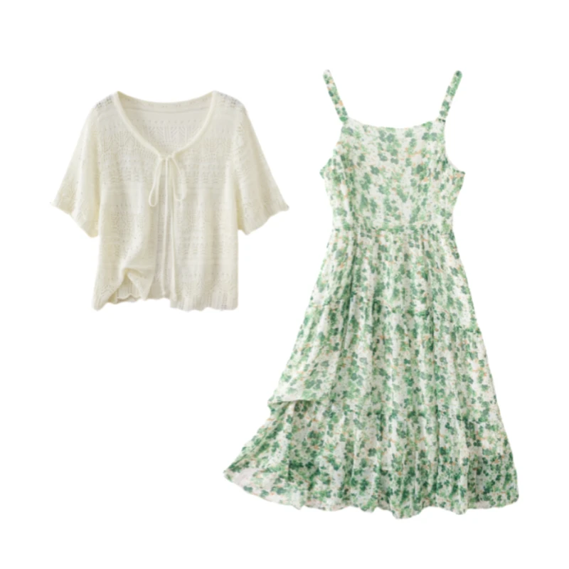 【宇宝】25夏季薄荷绿碎花开衫两件套收腰显瘦气质连衣吊带裙