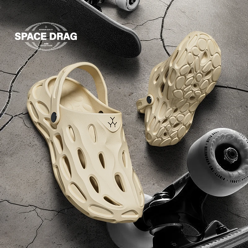 太空拖洞洞鞋男夏季户外防滑防臭厚底增高一脚蹬外穿沙滩鞋男士
