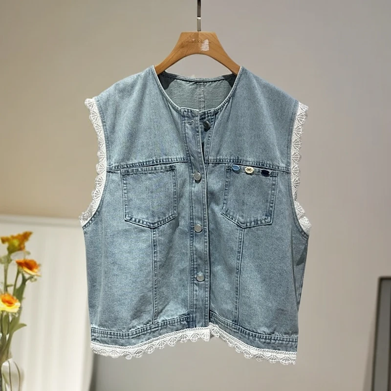 8873无袖蕾丝水洗牛仔马甲