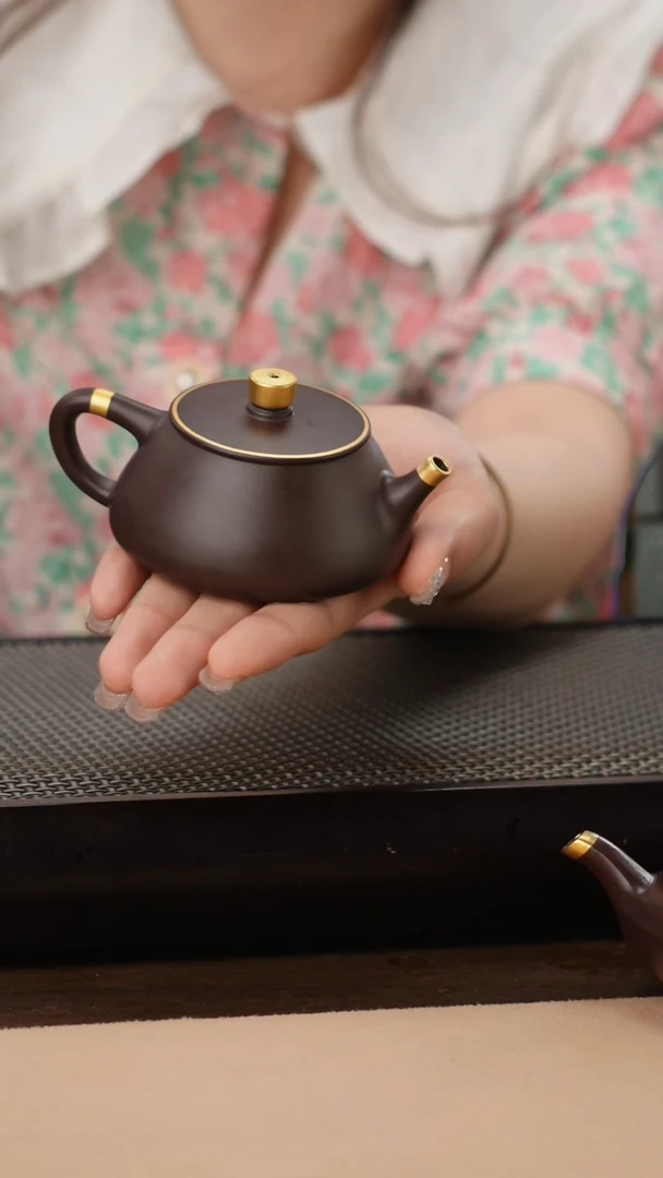 茶壶紫砂四号井茄皮紫泥描金平盖石瓢110cc