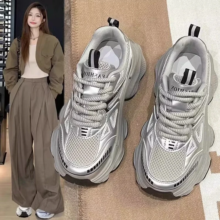 赵露思同款银色老爹鞋女2025春季网红新款百搭增高网面休闲运动鞋