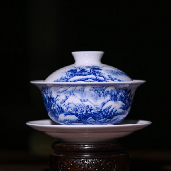 景德镇九段烧九段妙手青花雪景三才盖碗陶瓷青花瓷茶盖碗茶具A6