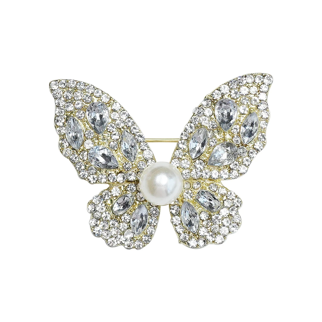 合金仿珍珠胸针  1件珍珠蝴蝶胸针高档精致胸花别针百搭配饰