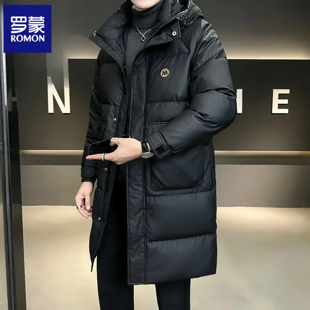 罗蒙羽绒服男士中长款冬季新款连帽宽松休闲帅气潮流时尚加厚外套
