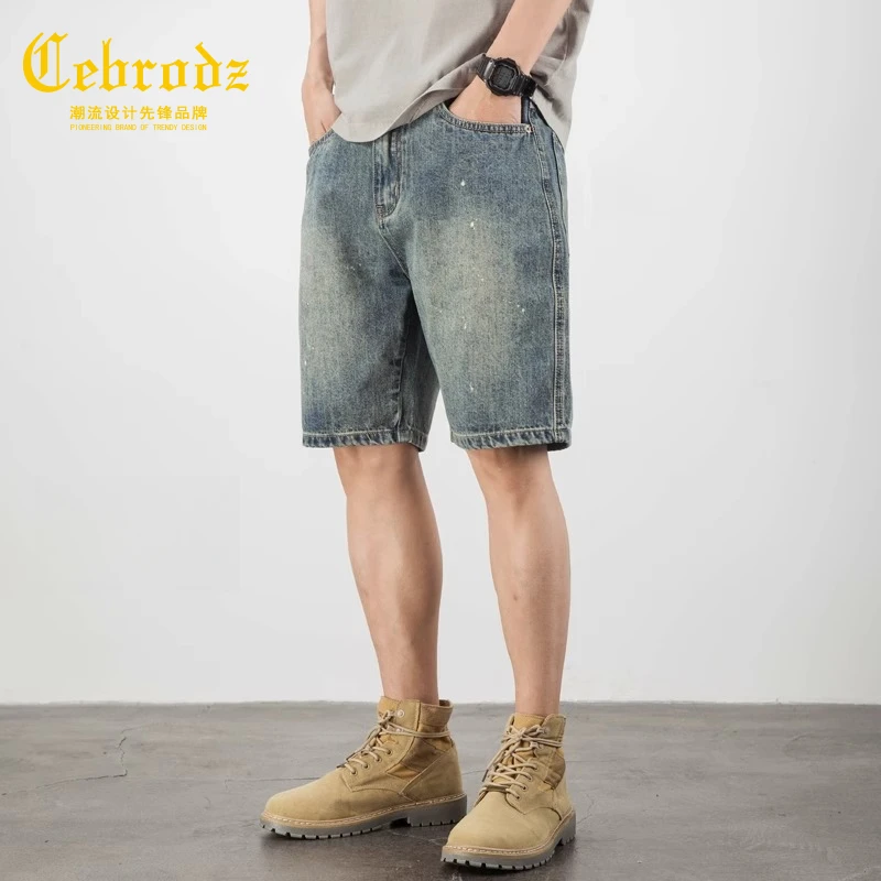 法国Cebrodz复古牛仔短裤男直筒潮牌泼墨油漆痞帅五分裤夏季新款