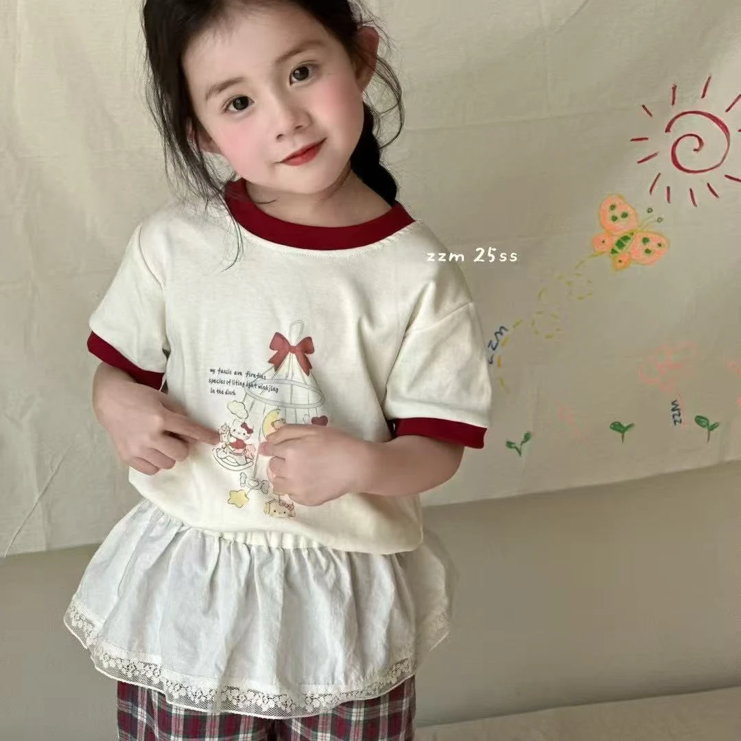 {花卷卷}2025夏季女童卡通乐园拼色短袖+红色格子裤两件套82542
