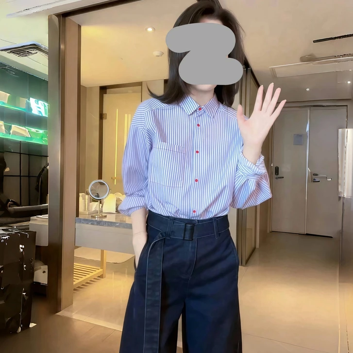 时尚洋气韩版经典通勤休闲条纹衬衫宽松显瘦复古高腰牛仔裤两件套