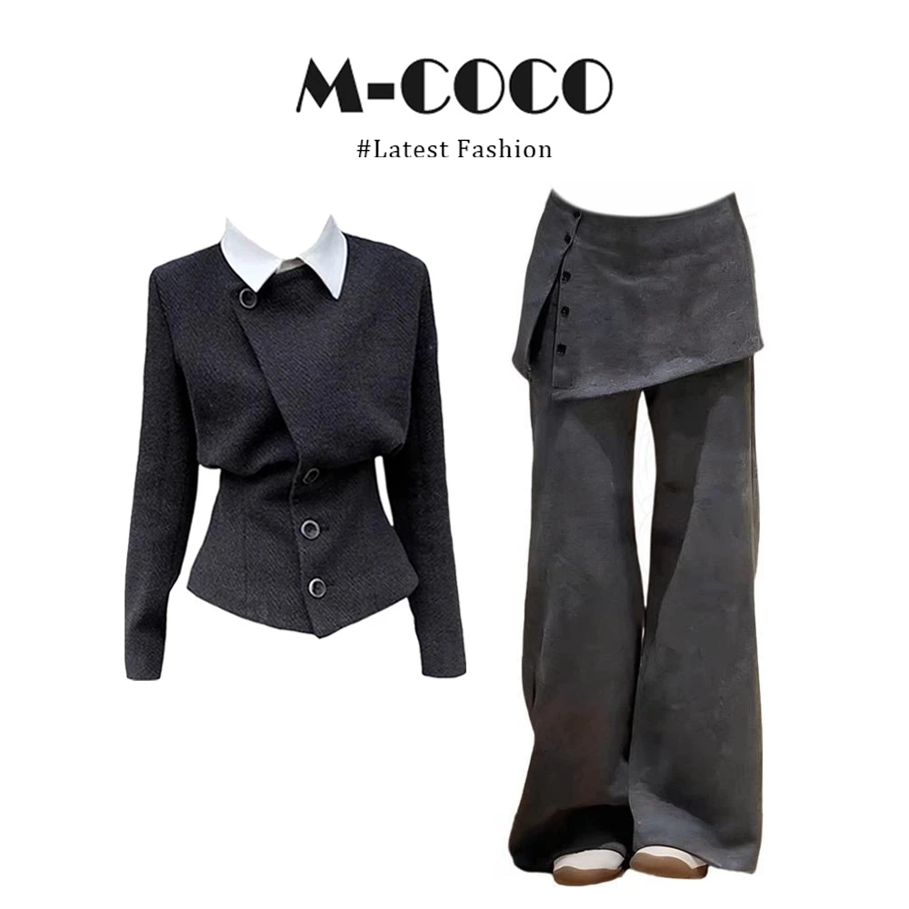 【80-160斤可穿】显瘦高级感翻领毛呢外套女假两件休闲裤气质两件套