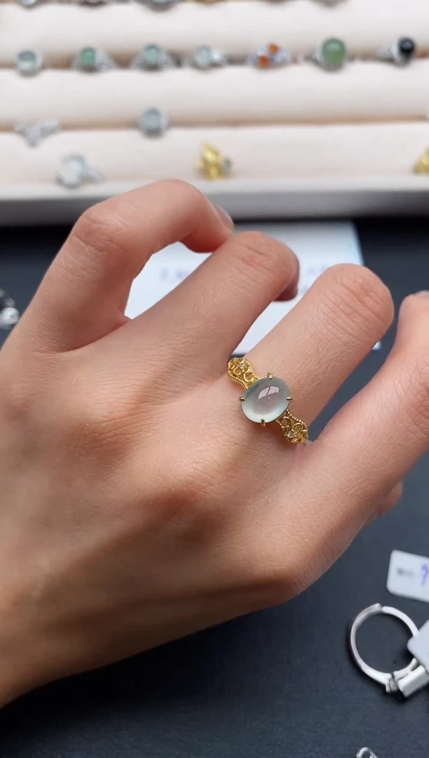 银S925镶嵌戒指翡翠缅甸天然A货翡翠44  4-3