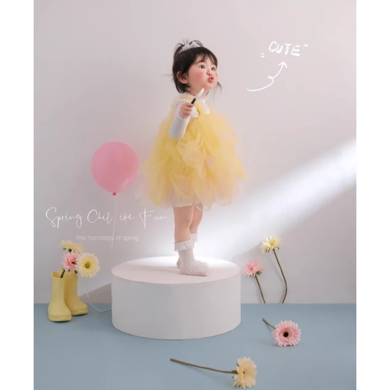 影楼儿童摄影道具衣服周岁照百天照婴儿宝宝黄色连衣裙百天照衣服