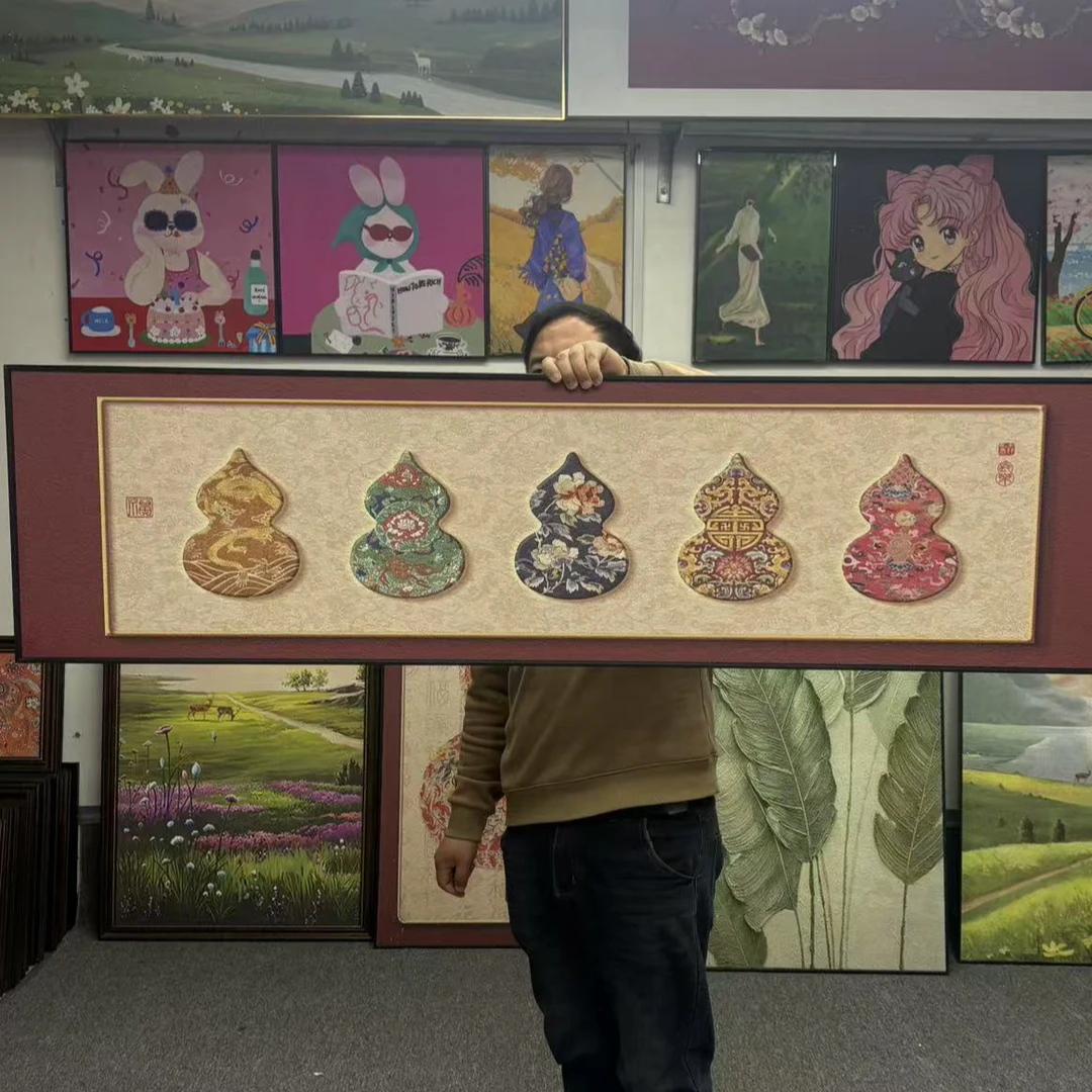 福禄葫芦入户玄关装饰画寓意好客厅挂画立体砂岩中古风壁画40150